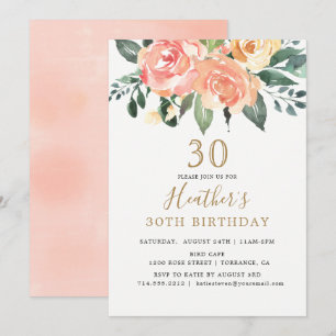 Invitation Anniversaire floral élégant de pêche et d'or 30ème