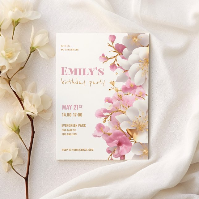 Invitation Anniversaire floral élégant rose or blanc glam (Glam white gold pink elegant floral birthday)