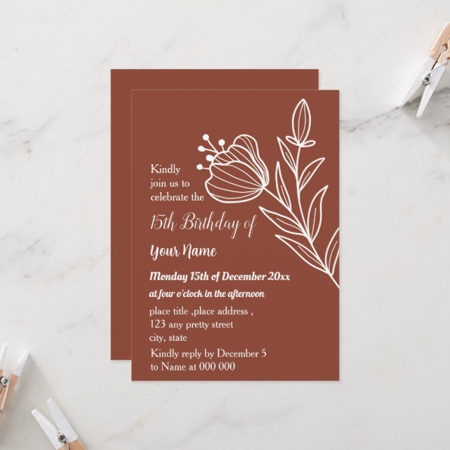 Invitation Anniversaire floral en terre cuite simple (Devant/Arrière en situation)
