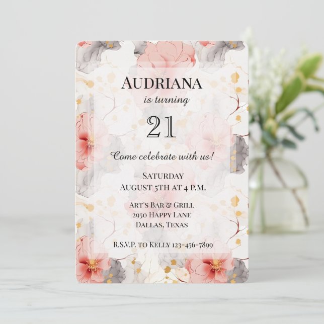 Invitation Anniversaire floral gris de corail (Debout devant)