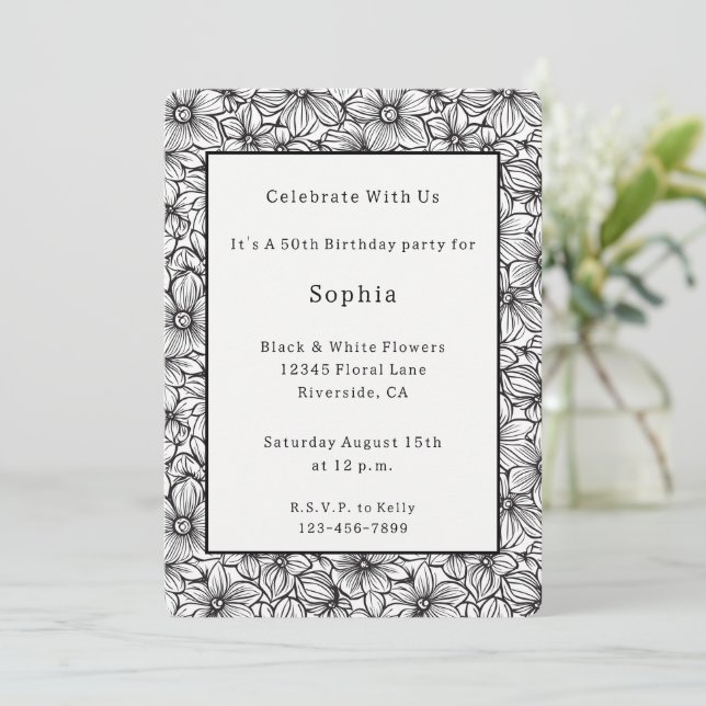 Invitation Anniversaire Floral Noir Blanc (Debout devant)