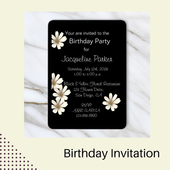 Invitation Anniversaire floral noir et blanc (Créateur téléchargé)