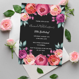 Invitation Anniversaire floral noir rose or rose rousse viole