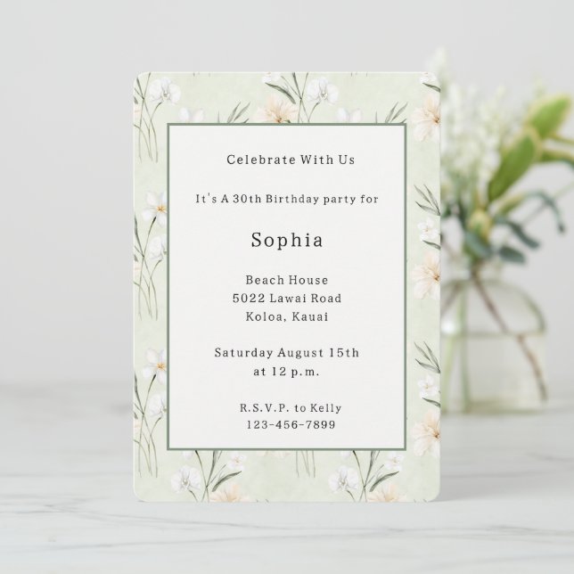 Invitation Anniversaire Floral Orchidée Hibiscus Crème Blanch (Debout devant)
