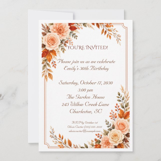 Invitation Anniversaire Floral Pêche Automnal (Devant)