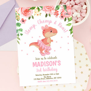 Invitation Anniversaire Floral Rose Ballerine Tutu Dinosaure