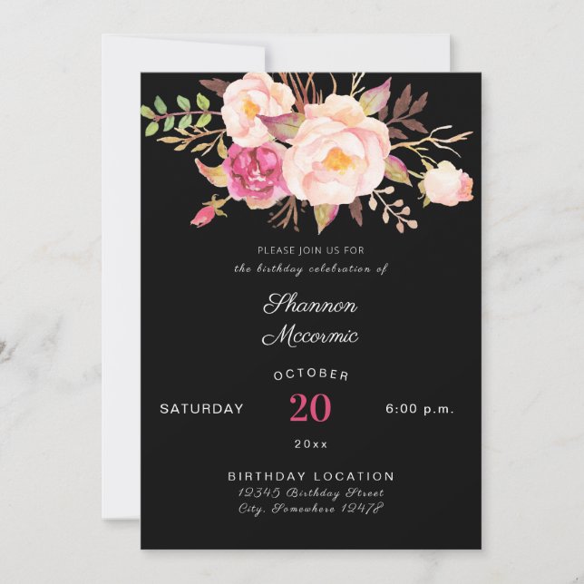 Invitation Anniversaire Floral Rose Blush - Noir (Devant)