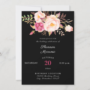 Invitation Anniversaire Floral Rose Blush - Noir