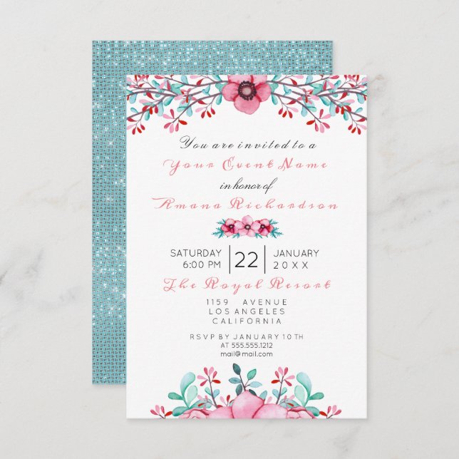 Invitation Anniversaire Floral rose Bohême Sparkly Aqua (Devant / Derrière)