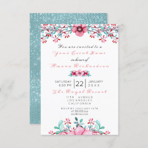 Invitation Anniversaire Floral rose Bohême Sparkly Aqua