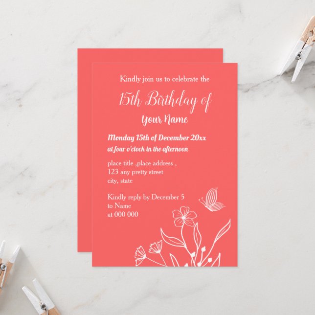 Invitation Anniversaire floral rose corail simple (Devant/Arrière en situation)