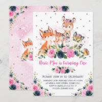 Anniversaire floral rose d'animaux de forêt de