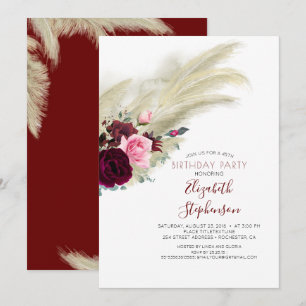 Invitation Anniversaire floral rouge de Bourgogne d'herbe des