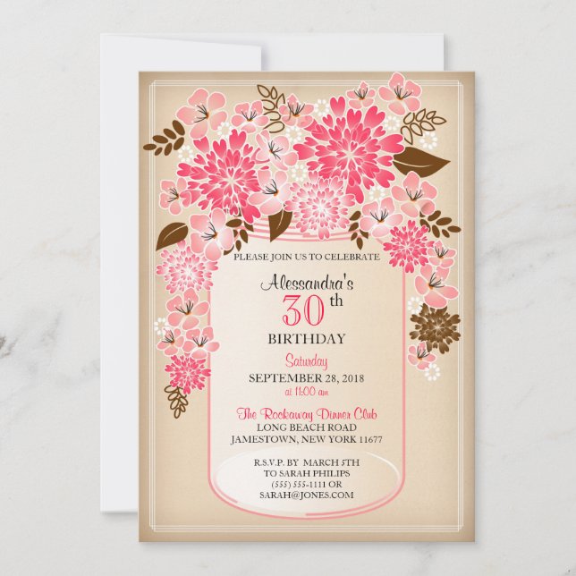 Invitation Anniversaire floral rustique 1 de parchemin de pot (Devant)