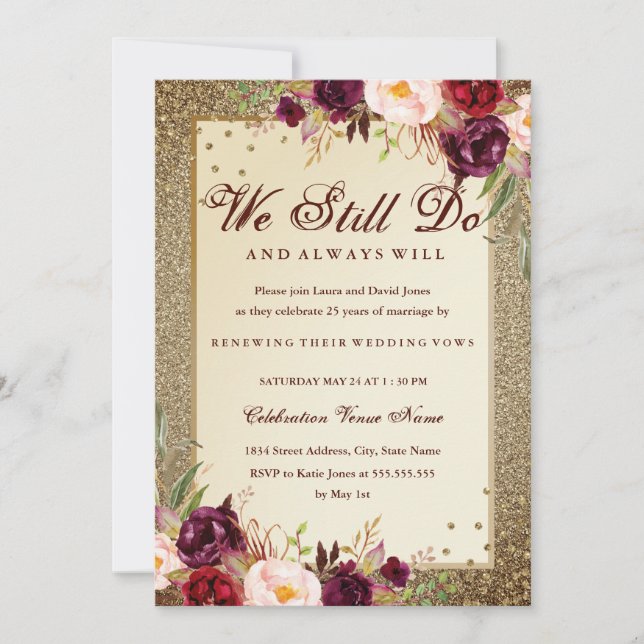 Invitation Anniversaire Floral Sparkle Gold Vow Renouvellemen (Devant)