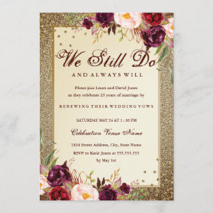 Invitation Anniversaire Floral Sparkle Gold Vow Renouvellemen