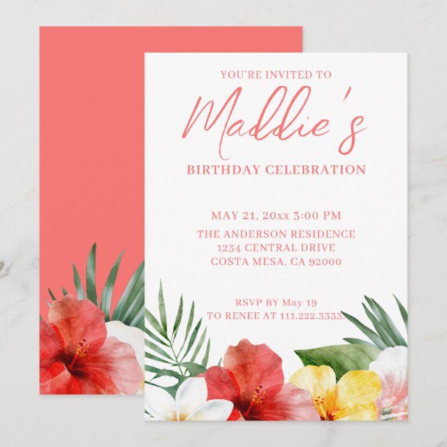 Invitation Anniversaire Floral Tropical (Devant / Derrière)