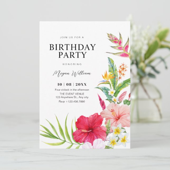 Invitation Anniversaire floral tropical (Debout devant)