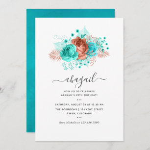 Invitation Anniversaire floral turquoise et corail