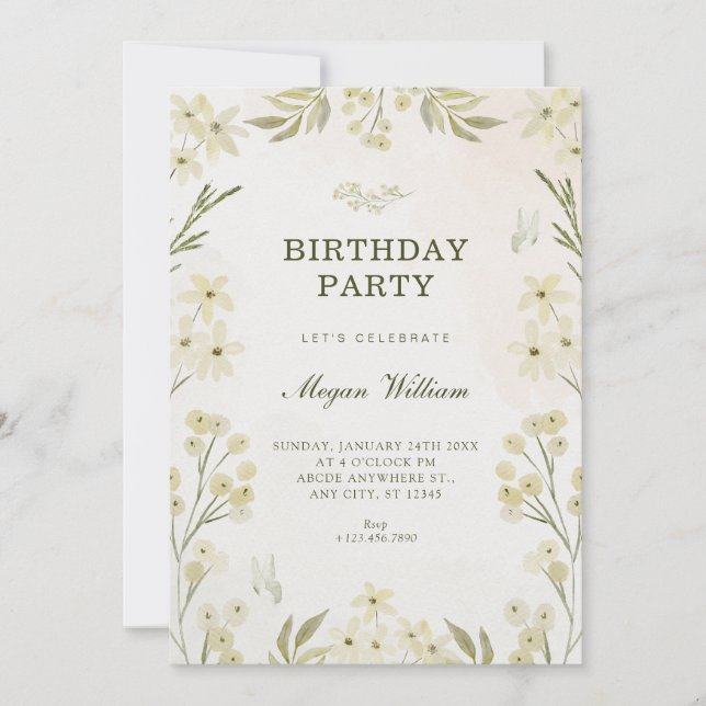 Invitation Anniversaire floral vert (Devant)