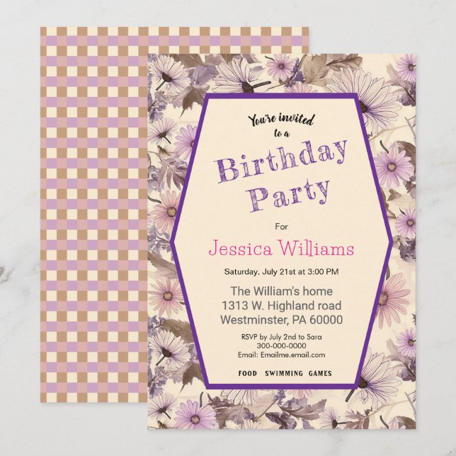 Invitation Anniversaire Floral vintage Rose Et Peach (Devant / Derrière)