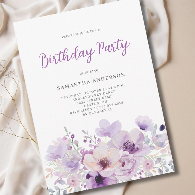 Invitation Anniversaire floral violet élégant (Créateur téléchargé)