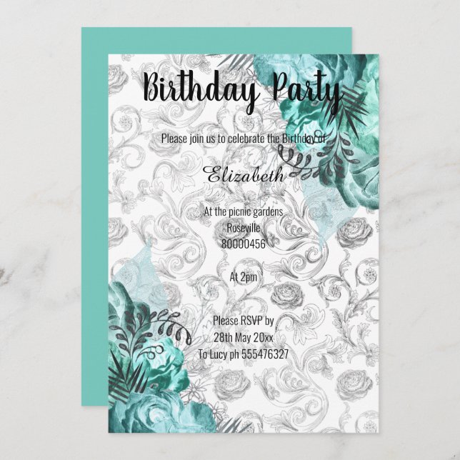 INVITATION ANNIVERSAIRE FLORALE BLANC NOIR AQUA (Devant / Derrière)