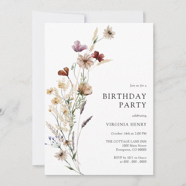 Invitation anniversaire florale boho (Devant)