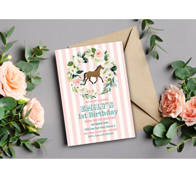 Invitation anniversaire florale cheval - TOUT ÂGE (Créateur téléchargé)