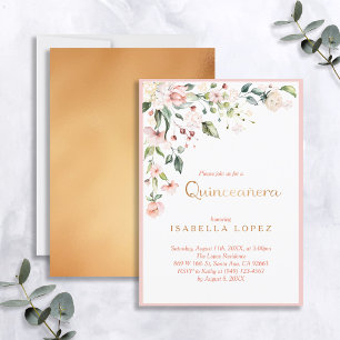 Invitation Anniversaire florale de Quinceanera rose et or élé