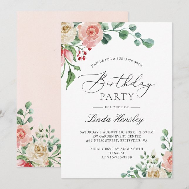 Invitation anniversaire florale rose aquarelle (Devant / Derrière)