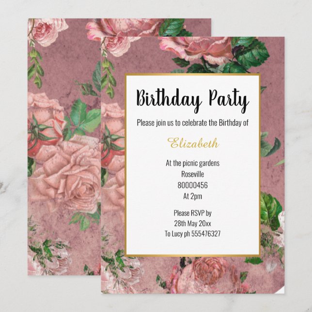 INVITATION ANNIVERSAIRE FLORALE ROSE ROSE ÉLÉGANT (Devant / Derrière)