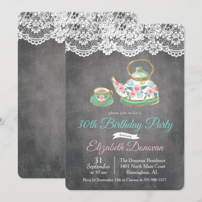 Invitation anniversaire florale Tea Party tout âge (Devant / Derrière)