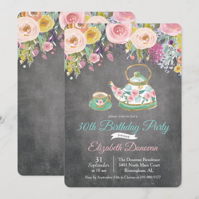 Invitation anniversaire florale Tea Party tout âge (Devant / Derrière)
