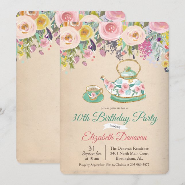 Invitation anniversaire florale Tea Party tout âge (Devant / Derrière)
