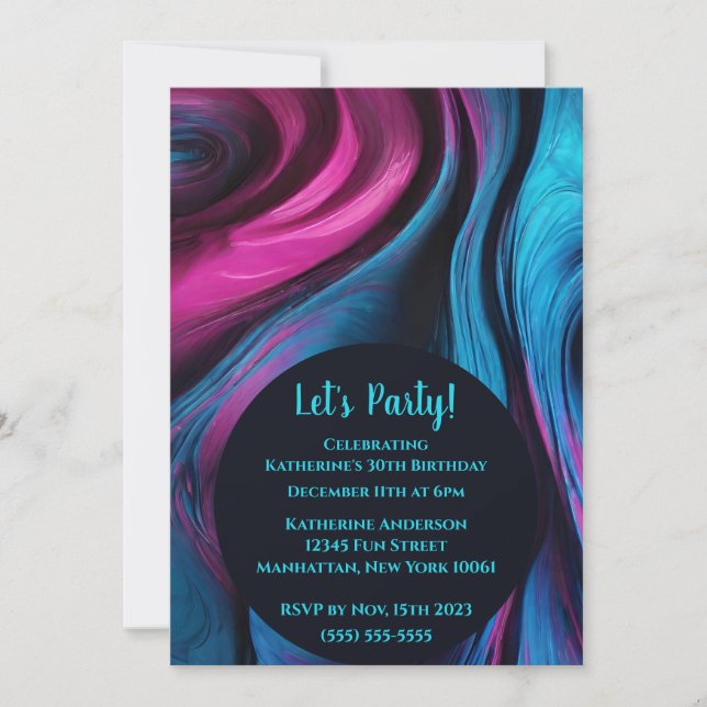 Invitation Anniversaire Fluid Art-Blue et rose-Abstrait (Devant)