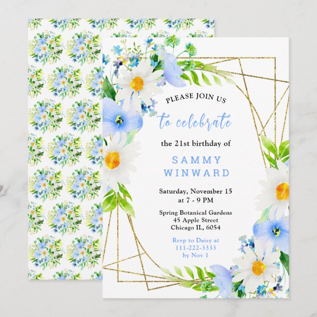 Invitation Anniversaire Forget-Me-Nots et Marguerites (Devant / Derrière)