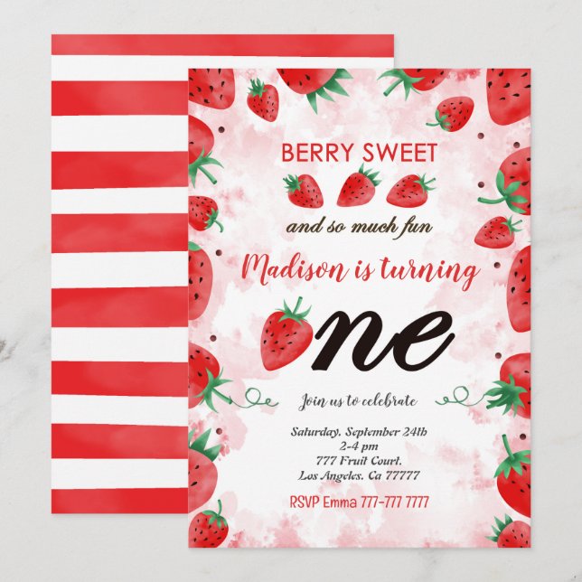 Invitation anniversaire fraise modifiable (Devant / Derrière)