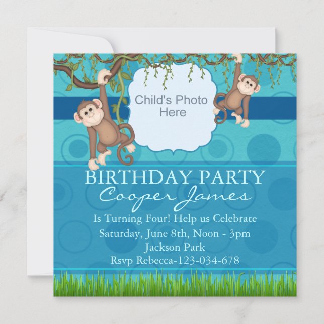 Invitation anniversaire fun photo singe bleu et ve (Devant)