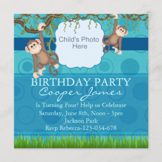 Invitation anniversaire fun photo singe bleu et ve
