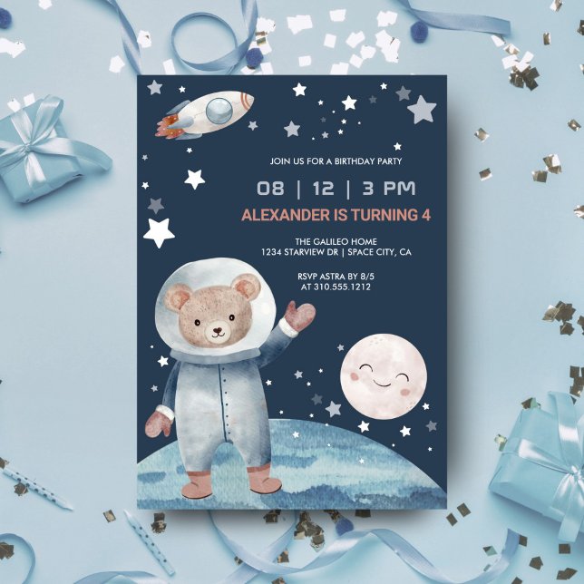 Invitation Anniversaire Fusée Spatiale Astronaute Ours (Créateur téléchargé)