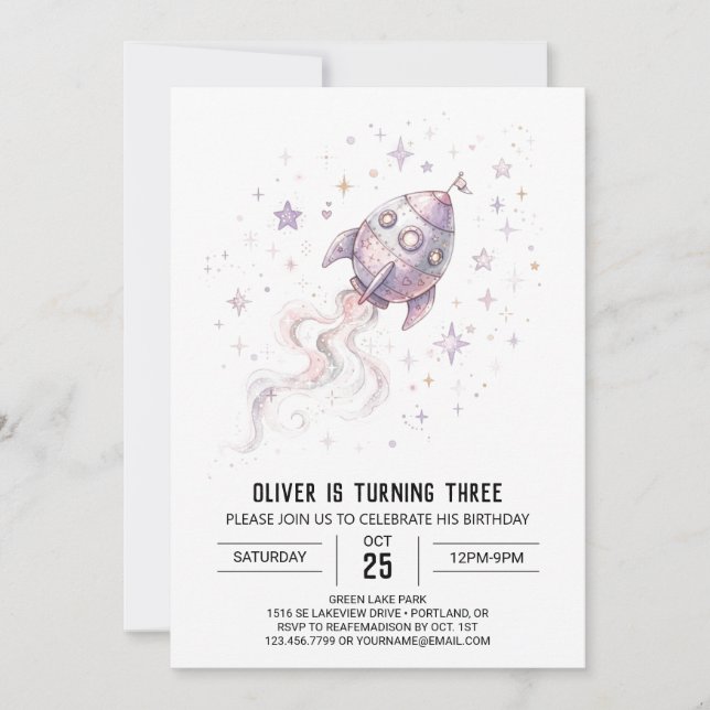Invitation Anniversaire Fusée Spatiale Violette (Devant)