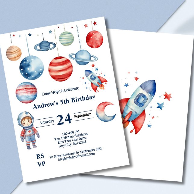 Invitation Anniversaire Garçon Astronaute Planètes Rouge Bleu (Space astronaut rockets planets boys birthday invitation, Red blue, Printed Digital)