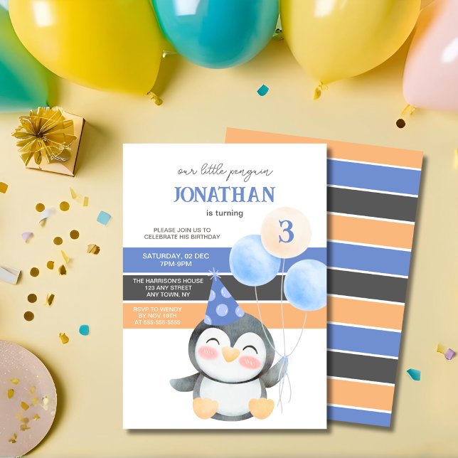 Invitation Anniversaire Garçon Ballon Pingouin Mignon (Créateur téléchargé)