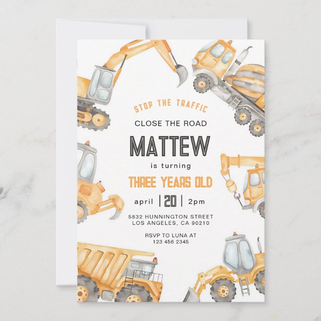 Invitation Anniversaire Garçon Camion de Chantier (Devant)