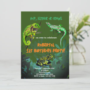 Invitation Anniversaire garçon chameleon, lézard, grenouille