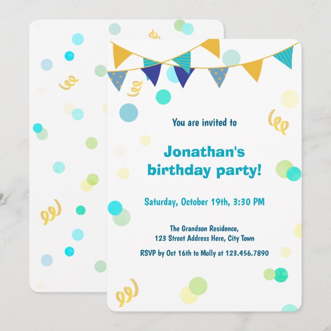 Invitation Anniversaire Garçon Confettis Bleu Vert & Jaune Co (Devant / Derrière)