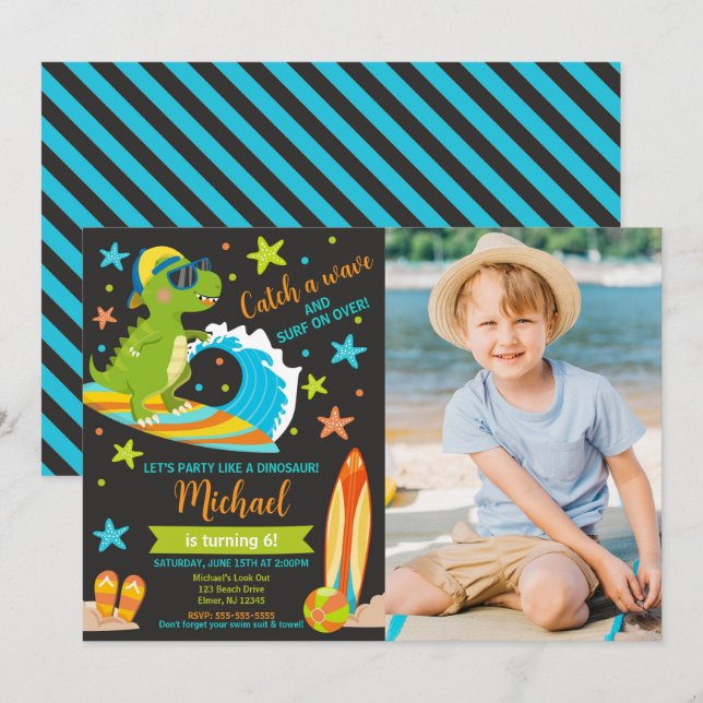 Invitation Anniversaire Garçon Dinosaur T-Rex Fête de plage d (Devant / Derrière)