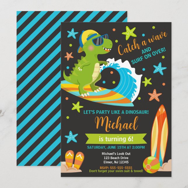 Invitation Anniversaire Garçon Dinosaur T-Rex Fête de plage d (Devant / Derrière)