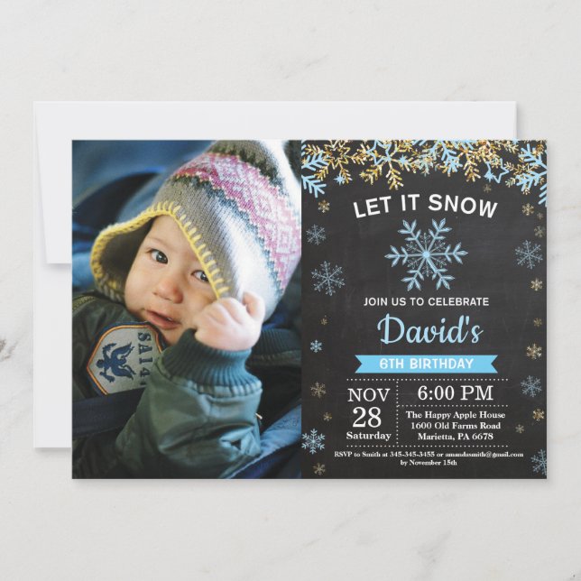 Invitation Anniversaire Garçon Hiver Rustique Flocon de Neige (Devant)